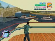 Tommy Vercetti about to shoot a French SWAT agent.