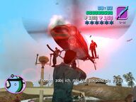 Tommy Vercetti shooting a French SWAT helicopter and two agents.