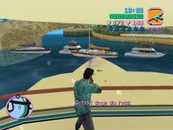 Tommy Vercetti shooting at the French SWAT boats.
