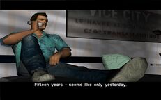 Tommy Vercetti talking to Sonny Forelli from his hotel room.