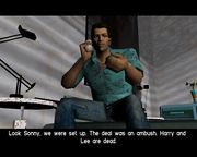 Tommy Vercetti telling Sonny Forelli that the drugs deal was ambushed and that Harry and Lee are dead.