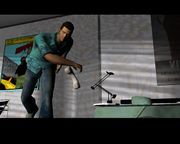An angry Tommy Vercetti throwing his cell phone away after talking to Sonny Forelli.