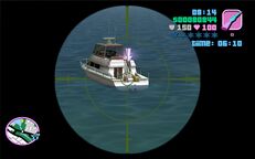 Tommy Vercetti about to shoot Nick Kong on his boat in Washington Beach.