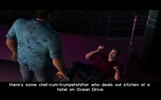 Kent Paul telling Tommy Vercetti to talk to Leo Teal on Ocean Drive.