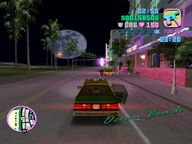 Tommy Vercetti chasing one of the security guards on Ocean Drive.