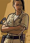 GTA San Andreas game art of Barbara Schternvart in uniform. Despite working in Tierra Robada, Barbara's all-beige police uniform and badge are more similar to those worn by Las Venturas officers than rural officers.