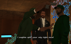 Carl Johnson and Sweet forcefully reveal a basehead to reveal B Dup's whereabouts.