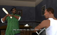 Big Smoke thinks CJ is an intruder and advances on him with a baseball bat.