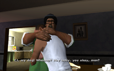 Smoke recognizes CJ and greets him enthusiastically.