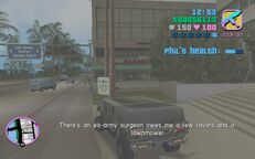 Phil Cassidy telling Tommy Vercetti to drive to a doctor in Little Havana instead, as there are too many cops in the hospital.