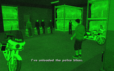 Zero hauls out the police motorcycles and the team leaves the casino with them and the armoured van.