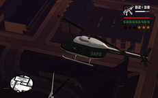 CJ flies back to the Verdant Meadows airstrip in a captured police helicopter.