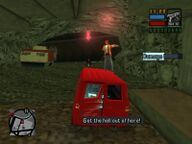 Toni Cipriani running over workers in the hole dug into the abandoned subway.