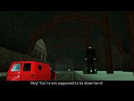 Toni Cipriani being confronted by a worker in the abandoned subway shortly after planting the second explosives at the second station.