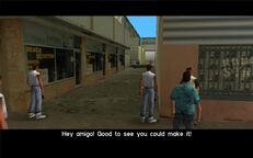 Rico greeting Tommy Vercetti at the Haitian drug factory.