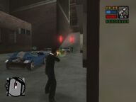 Toni Cipriani shooting two Yakuza gangsters.