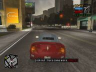 Toni Cipriani driving back to The Big Shot Casino and being pursued by two Yakuza cars.
