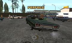 Carl Johnson competes in a lowrider competition against the Varrios Los Aztecas.