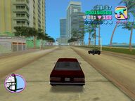 Tommy Vercetti driving through Little Haiti toward Downtown.