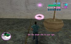 Tommy Vercetti about to collect the gun provided by Mr. Black.