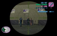 Tommy Vercetti about to shoot the businessman.