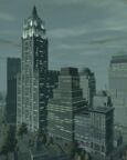 The skyline along Liberty Lane as viewed to the southwest in GTA IV. The Civic Citadel/Woodworld Building is visible to the left.
