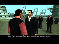 Toni Cipriani, with two Leone Family mobsters visible, talking to Colombian Cartel representative Miguel in Portland Harbor.