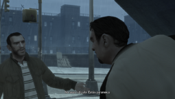 Niko talking to Roman Bellic inside a dumpster.