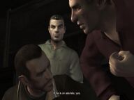 Andrei and Mikhail Faustin questioning Niko Bellic.