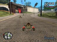 CJ chasing Loc in a Kart through Vinewood.