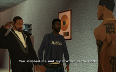 CJ and Madd Dogg confront Loc at Blastin' Fools Records.