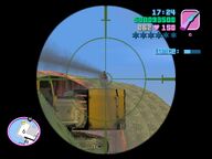 Tommy Vercetti about to shoot one of Ricardo Diaz' men on a crane.
