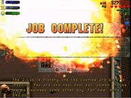 The fire caused by the destruction of the J-Lab, with Claude Speed appearing as a bright yellow dot in the white flame, and the Job Complete! screen.