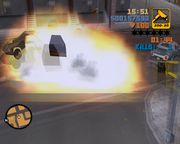 Gameplay depicting the player driving the RC Bandit into the wheels of a Diablo Stallion.