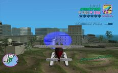 Tommy Vercetti about to fly through a blue corona above Downtown.
