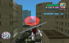 Tommy Vercetti about to fly through a red corona above Downtown.