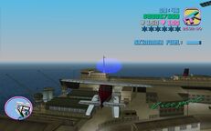 Tommy Vercetti about to fly through a blue corona above Viceport.