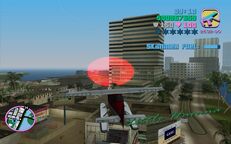 Tommy Vercetti about to fly through a red corona above Little Havana.