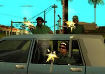Big Smoke, Ryder, and Sweet fire their Tec-9s at Ballas gang members.