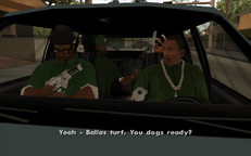 Big Smoke, Ryder, and Sweet ready their weapons while Carl Johnson prepares to drive them into Ballas territory.