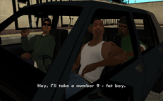 Carl Johnson, Sweet, Big Smoke, and Ryder ordering food at Cluckin' Bell in Willowfield.