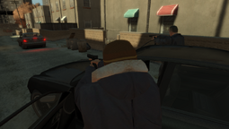 Two of Lyle Rivas' friends shooting at Niko Bellic (inside Lyle's car).