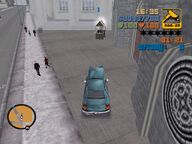 Claude, in a Kuruma, about to destroy a Kappa Coffee House stall at the Cathedral in Bedford Point.