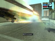 The vehicle carrying DB-P blowing up after being attacked by Toni Cipriani.