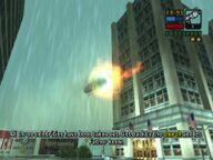 The helicopter carrying Faith W. blowing up after being hit by a rocket propelled grenade shot by Toni Cipriani.