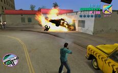 Tommy Vercetti destroying the first rival Taxi.