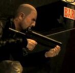 Johnny holding a Grenade Launcher while in cover.