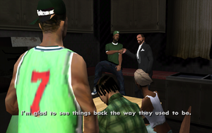 Carl Johnson and Sweet meet up with the Grove Street Families