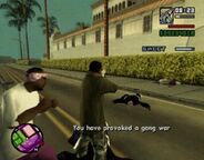 Carl Johnson and Sweet start a gang war with the Ballas in Idlewood.