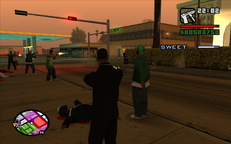 Carl Johnson and Sweet taking out Ballas in Idlewood.